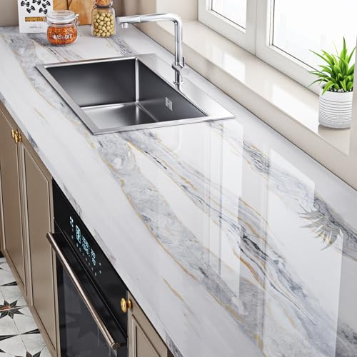 ReWallpaper Weiß Grau Klebefolie Möbel Marmoroptik Gold Küchenfolie Selbstklebend Marmor für Schränke Arbeitsplatte Abwaschbar 40CMx3M Weiß Gold Glänzend Marmor Tapete Selbstklebend Wand
