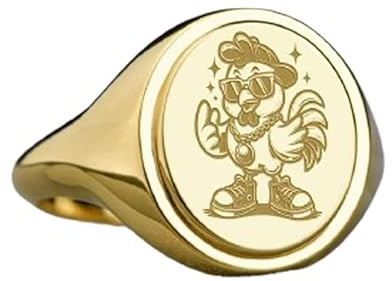WORLD WIDE GEMS Siegelring mit Cartoon-Hahn, Tierschmuck, oval, graviert, Hip-Hop-Geschenk, Schmuck, 925er Sterlingsilber (Ringgröße 5–12,5), vergoldet, WW_PDR_00466, 15x13mm, Sterling Silber, Kein
