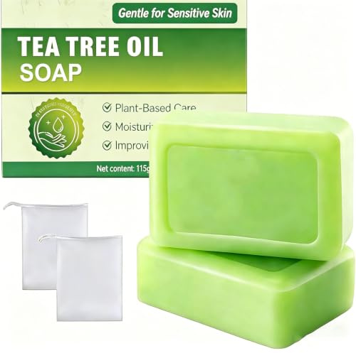 Tea Tree Soap with Foaming Nets, 2PCS Natural Tea Tree Oil Soap Bar for Face, Body & Hands, Suitable for Oily & Sweat-Prone Skin, Deep Clean Feel, Quick Lather, Plant-Formula with Refreshing Scent