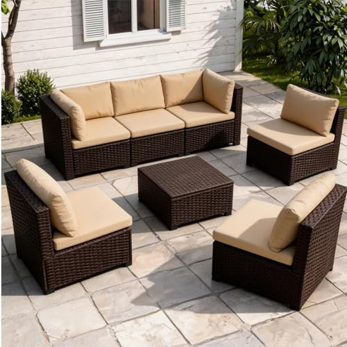 AZRBOPO 7 Piece Rattan Garden Furniture Set, 6 Seater Corner Sofa Outdoor Patio Wicker Corner Sofa Set with Coffee Table - Brown