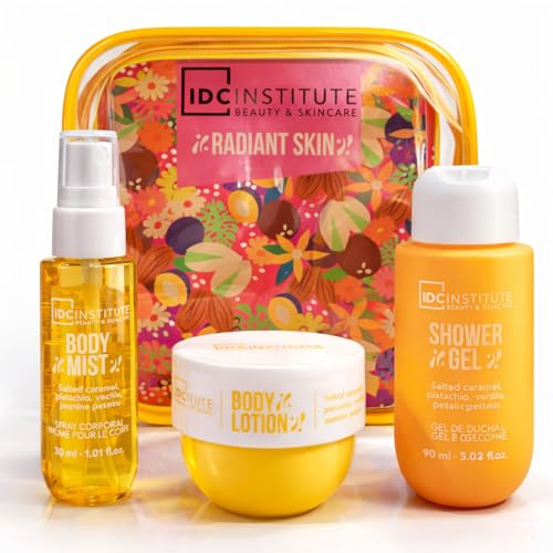 IDC Institute Set Corpo Profumato – Body Mist 30 ml + Body Lotion 50 ml + Shower Gel 90 ml – Fragranza Caramello Salato, Pistacchio, Vaniglia e Gelsomino – Cofanetto Regalo Donna