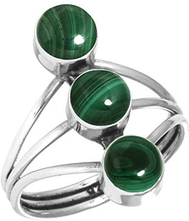 Jeweloporium Grüner Malachit-Silberring, Größe 60 (19,1), 925er Sterlingsilberring für Damen, natürlicher runder Stein, handgefertigter Schmuck