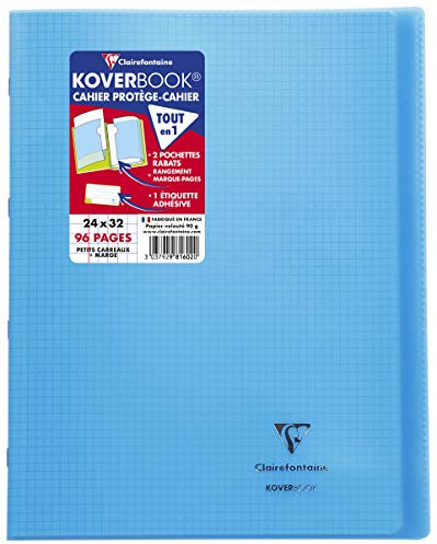 Clairefontaine 981602C Un Cahier Agrafé Koverbook Bleu - 24x32 cm - 96 Pages Petits Carreaux avec Marge - Papier Blanc 90 g - Couverture Polypro