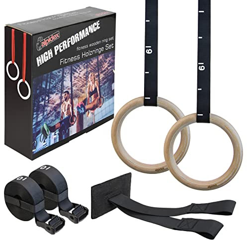 ALPIDEX wood gym rings gymnastic rings including door anchor and fastening loops with length markings