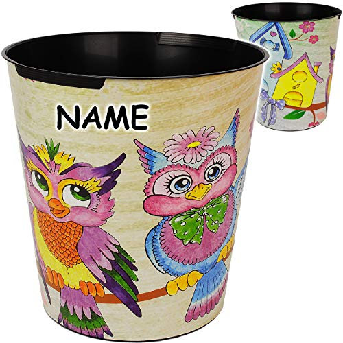 Papierkorb/Behälter - lustige Eulen - inkl. Name - 10 Liter - wasserdicht - aus Kunststoff - Ø 28 cm - großer Mülleimer/Eimer - Abfalleimer - Aufbewahrung..