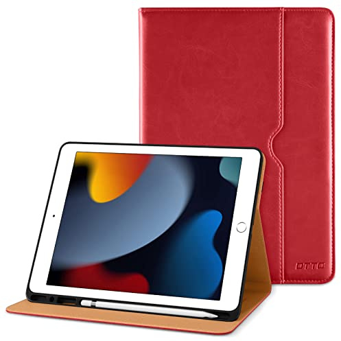 DTTO Hülle für iPad 9./8./7. Generation 10,2 Zoll 2021/2020/2019, Premium Leder Geschäft Folio Ständer Cover mit Stifthalter - Auto Wachen/Schlafen und Mehrere Betrachtungswinkel, Rot