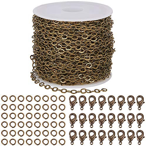 SUNNYCLUE 33 Feet Jewellery Making Chain Bulk 3mm Antique Bronze Kabelkette Mit 30 Karabinerverschlüssen Und 100 Biegeringen Für Halsketten-Ohrring-Armbänder, Nickel Frei