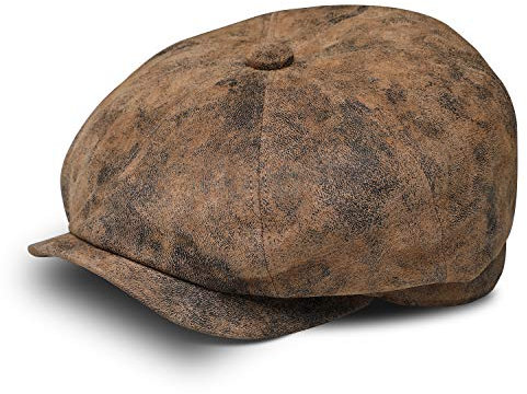 fiebig Stanley 8-Panel Pigskin Flatcap | Schiebermütze aus Leder | Schirmmütze mit Innenfutter (57-M, braun)