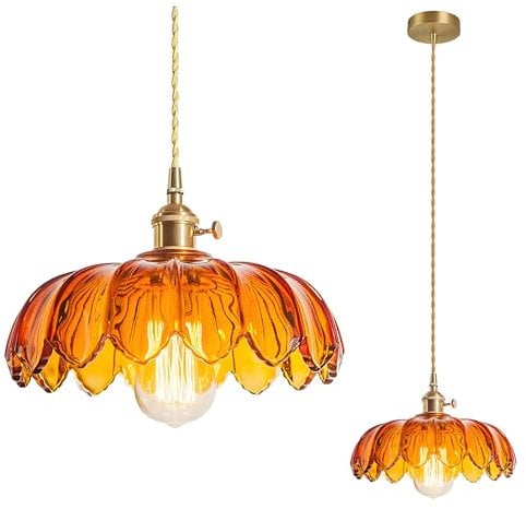 HJXDtech Industrial Vintage Pendellampe Glas Lotus Lampenschirm Pendelleuchte Retro E27 Messing Finish Hängelampe Deckenleuchte (Bernstein)
