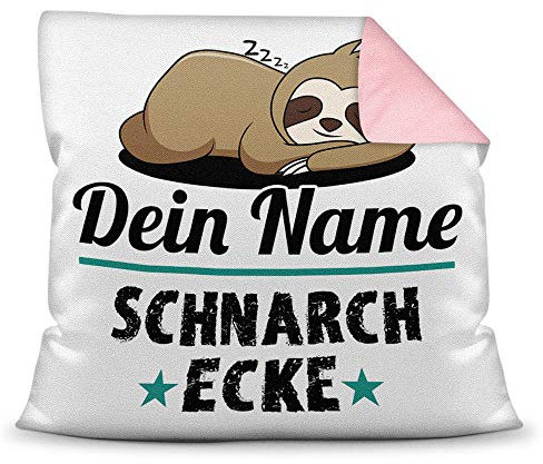 PR Print Royal Kissen inkl. Füllung Faultier PERSONALISIERT mit Wunschname für - Ihr Name Schnarchecke - Kuschelkissen/Lustige Geschenkidee/Freunde/Familie/Geburtstag - Farbkissen Rückseite Rosa