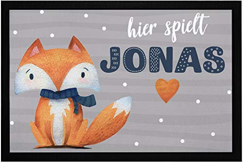 SpecialMe® Fußmatte Kinderzimmer personalisiert mit Name Fuchs Fox Skandi Stil Türvorleger Kind rutschfest & waschbar weiß 60x40cm