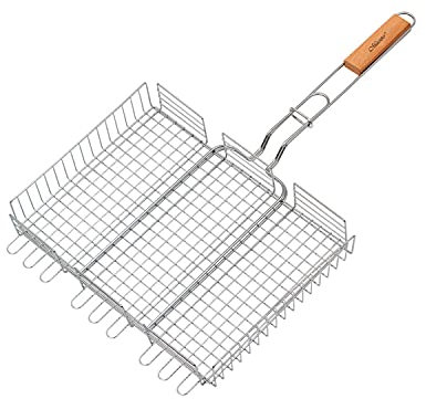 Maestro MR-1003 Grillrost mit Holzgriff Verschließbar Grillgitter Ersatzrost Doppelgrill Grillgitter Ersatzrost BBQ (Stahl, 40x30cm)