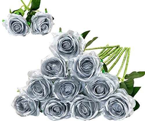 Floralsecret 12 Stück künstliche Seidenrosen, Blumenstrauß aus Kunstblumen für Zuhause, Hochzeit, Party, Dekoration (Silber)