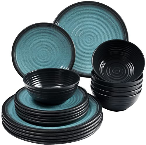 Melamin Camping Geschirr Set für 6 Personen 18 Teile Blau Campinggeschirr Geschirrset Tafelgeschirr