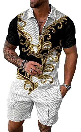 Osheoiso Tuta da Uomo Risvolto Camicia T-Shirt + Pantaloncini con Tasca Casual Set Moda Sportivo Maglietta 2 Pezzi Estate Vintage Polo Camicia da Lavoro Pattern A M