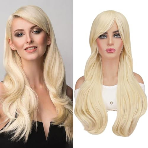 YEESHEDO Hellblond Cosplay Perücke für Frauen Langes Gewelltes Haar Synthetische Perücken mit Pony für Halloween Party Kostüm Anime 28 Zoll 70 cm
