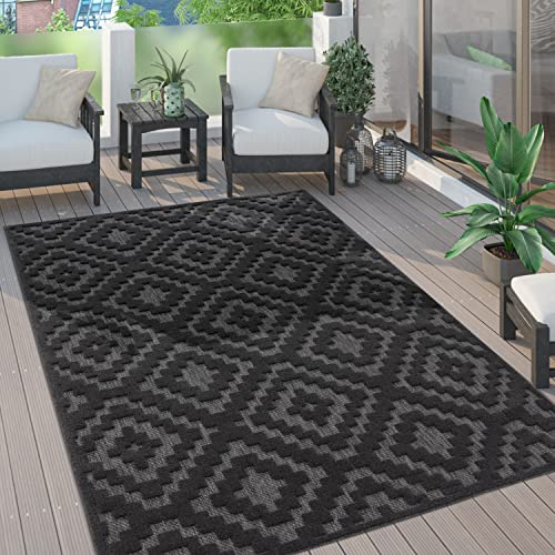 Paco Home Outdoor Teppich wetterfest & langlebig Moderne Boho-Designs mit 3D-Effekt Skandi-Look UV-beständig & robust für Balkon, Garten, Wohnzimmer & Küche, Grösse:80x250 cm, Farbe:Anthrazit 2