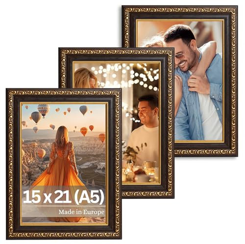 VictoR antiker - kunstvoller Fotorahmen „Chagall“ in Schwarz Gold - 3er Set in 15x21 cm (A5) Deko Bilderrahmen Vintage - geeignet für Urkunden - Bilderrahmen Schwarz 15x21 - Barock