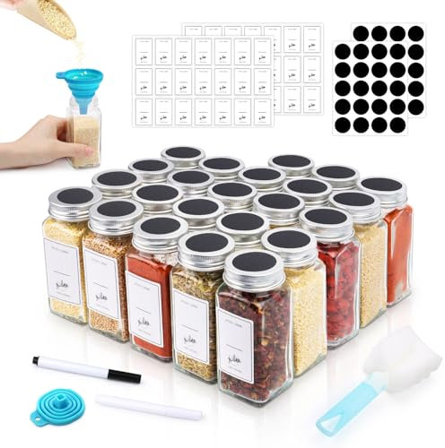 MXTIMWAN Gewürzgläser 24er Set, 120ml Spice Jars Gewurzglaeser Eckig, Gewürzdosen Glas mit Silikon Trichter, Runden Leeren Aufklebern, Sieben