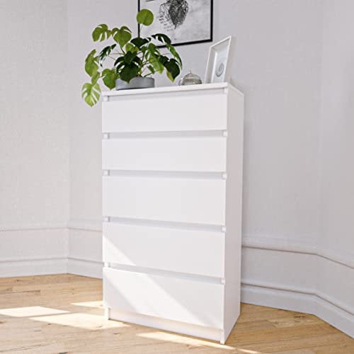 Home Collective Kommode weiß mit fünf Schubladen, Schlafzimmer Flur Nachttisch, Schrank, Sideboard, Highboard, Breite 60 cm Höhe 112cm