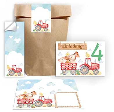 Junapack 12 Einladungskarten zum 4. Kindergeburtstag Einladungen vierte Geburtstag Mädchen Jungen Bauernhof incl. 12 Umschläge, 12 Tüten/natur, 12 Aufkleber