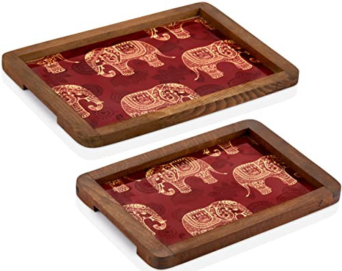 Woodpeckers London Handmade Set of 2 Large and Small Decorative Wooden Serving Tray | Rustic Wood Drinks Tray for Coffee & Tea Table | Food tray for Dinner & Breakfast (Elephant)