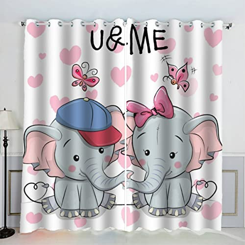 VASENA Elefant-Karikatur Vorhänge Blickdicht mit Ösen 2er Set Kindervorhänge 3D Gedruckt Süße Tiere Gardinen Modern Home Dekoration (183x214 cm)