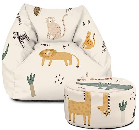 rucomfy Beanbags Snuggle Kids Bean Bag Chair - Small Armchair Beanbag Seat - Childrens Bedroom Furniture for Boys and Girls - Arrives with Filling - 50 x 46 x 48cm (Safari Friends, Matching Footstool)