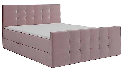 KEF Paris Boxspringbett 200x200 cm - Bett mit Matratze und Topper - Doppelbett mit Bettkasten - Polsterbett mit Kopfstütze - Bonell-Matratze H3 - Rosa Tiffany