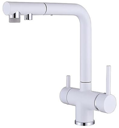 Grifo Cocina 3 Vias Osmosis Extraible Giratorio Latón Multifunción Grifo 3 Vias Cocina Extraible-Blanco