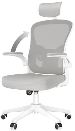 naspaluro Silla de Oficina Ergonómica, Silla de Escritorio con Soporte Lumbar, Reposacabezas Ajustable, Reposabrazos Abatibles, Silla Giratoria con Respaldo Transpirable, Gris