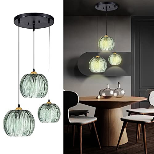 YQGOO Pendelleuchte Esstisch, 3-flammig Moderne Grün Glas Hängelampe Wohnzimmer mit Vintage Kürbisförmigem Glaslampenschirm, Hängeleuchte hoehenverstellbar für Küche Schlafzimmer, E27 (3 Light)