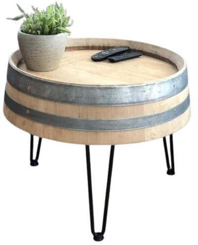 Fass-Schmiede Weinfass Couchtisch Dreibein Sofatisch Beistelltisch (Groß: 55cm, Natur)