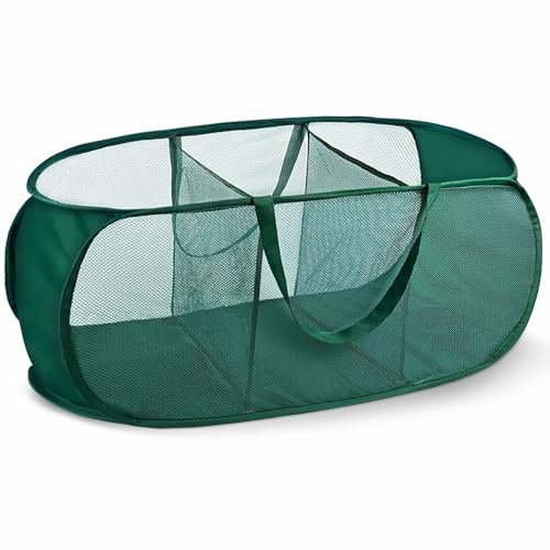BOSNONA Pop-Up-Wäschekörbe aus Netzstoff, 3 Fächer, tragbar, grün, zusammenklappbar, Wäschekorb für Waschküche, Kinderzimmer, Studentenwohnheim (3 Fächer, Grün)