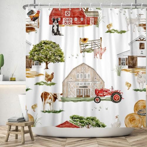 Bauernhof Duschvorhang 180x220 cm, ASDCXZ Rustikaler Bauernhof Rot Scheune Tier Schwein Huhn Kuh Hund Schafe Waschbar Duschvorhänge Polyester Textil Wasserdicht Duschvorhang für Badewanne mit 12 Haken