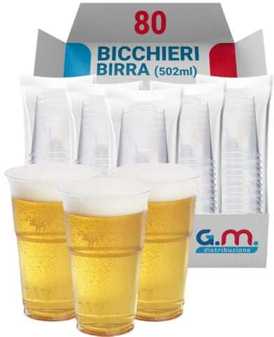 G.M. DISTRIBUZIONE 80 Bicchieri Birra da 500ml in PP Trasparente, Bicchieri Usa e Getta per Birra tacca 4cl, Bicchieri Monouso per Bar e Lounge Bar