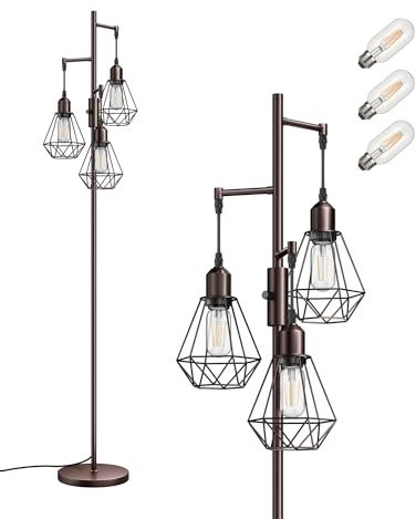 EDISHINE LED Stehlampe Wohnzimmer, 3 flammige Retro Stehlampe dimmbar, 4W E27 LED Leuchtmittel & Drehschalter, Industrial deko Standleuchte mit Käfig-Lampenschirm aus Metall, 2700K, Höhe: 166cm, Braun