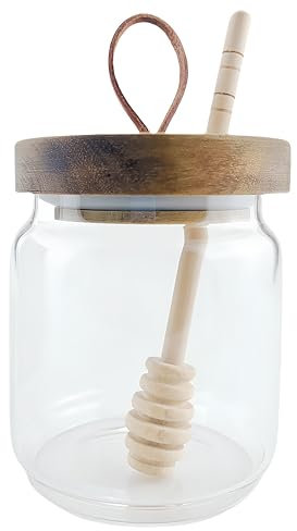 MEETOZ Glass Honey Pot, Equipped with Wooden Honey Stick,Acacia wood lid, Honey Pot Glass Holder Dispenser, For home kitchens - 500 ml 