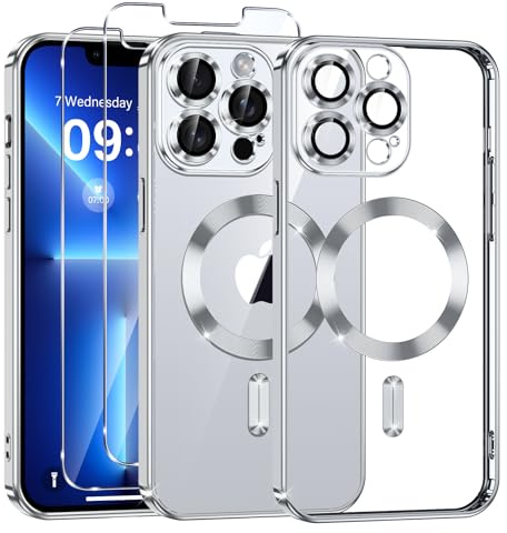 Phoona Cover Placcatura per iPhone 13 Pro Max 6,7 Pollici, Obiettivo per Fotocamera Protezione Completa e 2 × vetro temperato, Compatibile con MagSafe Ricarica Wireless, Protezione Militare, Argento