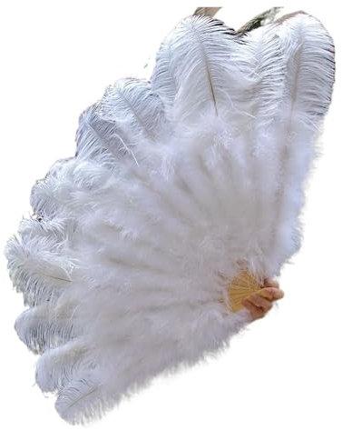 JDQTPOET Big White Ostrich Feather Fan Belly Dance Show fans Halloween Party Wedding Stage Props Handheld Fluffy Turkey Plumes Fan(WHITE,130cm left hand)