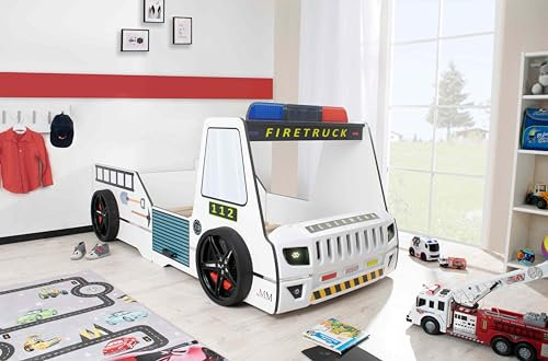 Aileenstore Feuerwehrbett Kinder 90x200 Spielbett Kinderbett Rio Firetruck Autobett Hochglanz mit LED Leuchte (Weiß, Bett ohne Zubehör)