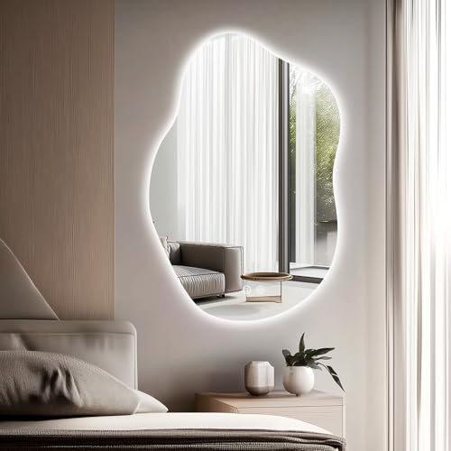 Youyijia Spiegel Mit Beleuchtung, 80 X 55 cm Asymmetrischer Badspiegel Mit Beleuchtung Mit Touch-Schalter, Dimmbar, Beschlagfrei, 3 Lichtfarbe Einstellbare, Badezimmerspiegel, Badezimmer Spiegel