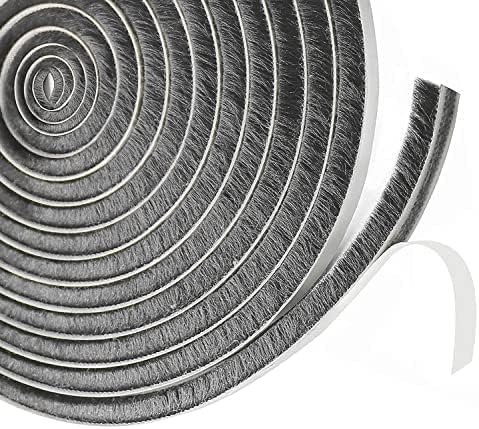 5m Draft Excluder for Doors Windows, 9mm(W) x 9mm(T) Brush Weather Stripping Tape Self-Adhesive Seal Strip, Gray