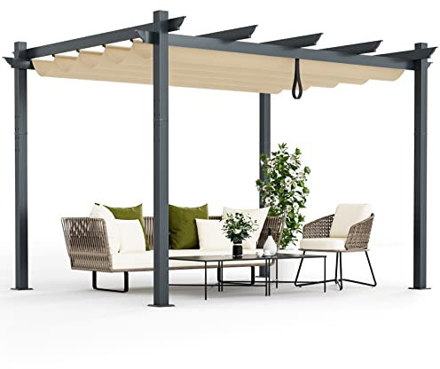 COSTWAY 2.9 X 3.6m Metal Pergola with Retractable Roof, Large Garden Pergola with Sun Shade Canopy, Outdoor Heavy-Duty Grape Trellis Gazebo for Patio Party BBQ (Beige)