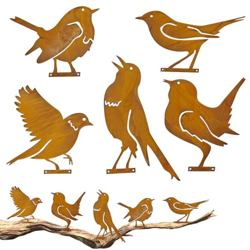 LXYYDS 5 Stück Rost Vogel Gartendeko, Gartenstecker Rost Deko Vogel, Edelrost Vögel, Wiederverwendbar Rostiges Vögel, Bird Baumstecker mit Schraube, Für Garten Patio Park Zaun AST Dekoration