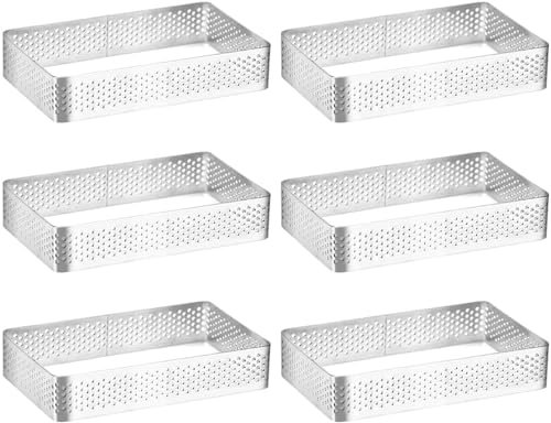 Xanewza Lot de 6 anneaux microperforés tarte, moule rectangulaire perforé en acier inoxydable 430, anneau perforé pour pâtisserie en mousse décorations (10 x 6 x 2 cm)