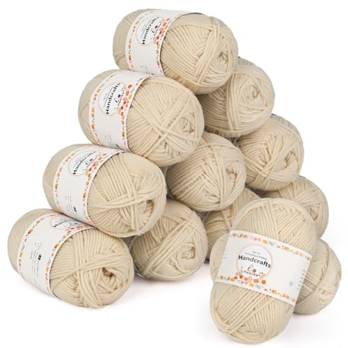 Aeelike 600g(12x50g) Amigurumi Wolle 5Ply Baumwolle zum Häkeln, Häkel- & Strickgarn Zum Stricken, Häkeln und Kunsthandwerk, Häkelgarn Baumwolle Set, Khaki Weiß