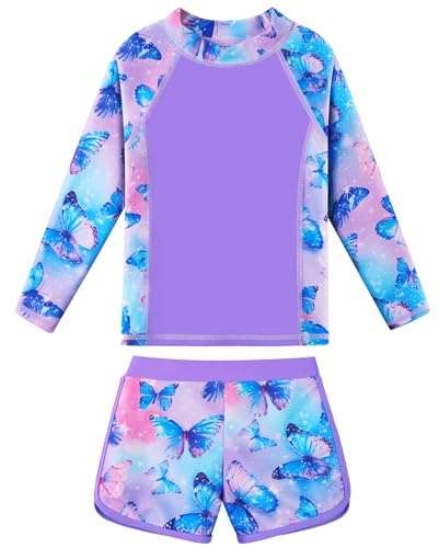 ZNYUNE Mädchen Jacquard Zweiteilige Langarm Badeanzug Schnelltrocknend UV Schutz 50+ Schwimmanzug Girls Swimsuit von 3 bis 16 Jahren S508 PurpleButterfly 10A