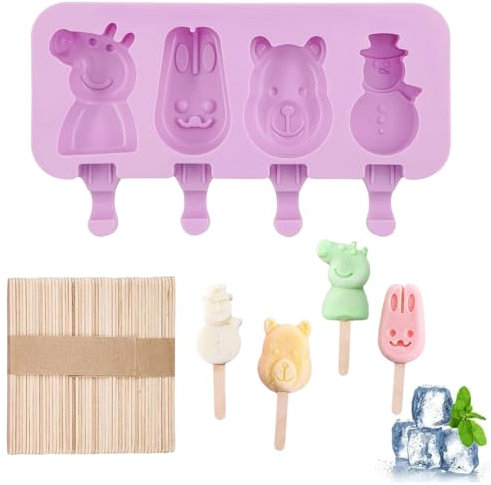 LACHT 4 Pièces Moule à Crème Glacée en Silicone, Grands Moule à Glace avec Couvercles Violet, Moule Magnum Cake avec 50 Bâtons de Glace,moule glace