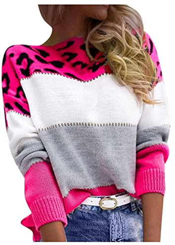 Sweatshirt Femme Sweater Col Rond Manches Longues Femme Hiver Casual Pull Mode Imprimé Léopard Couleur Pull Manches Longues Pull Ample Top, Rose, M